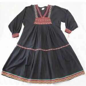 Hirshies Womens Vintage Black Boho Dress with Floral Ribbon Trim Long Sleeve